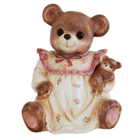 VTG 1980's Teddy Bear Cookie Jar Canister Kitchen Cottagecore Glass Eyes Japan - Picture 1 of 10
